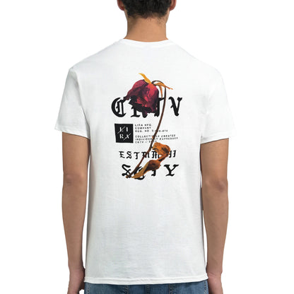 Weißes Lira Streetart Unisex T-Shirt aus 100% Baumwolle mit kreativem Rückendruck und klassischer Passform.