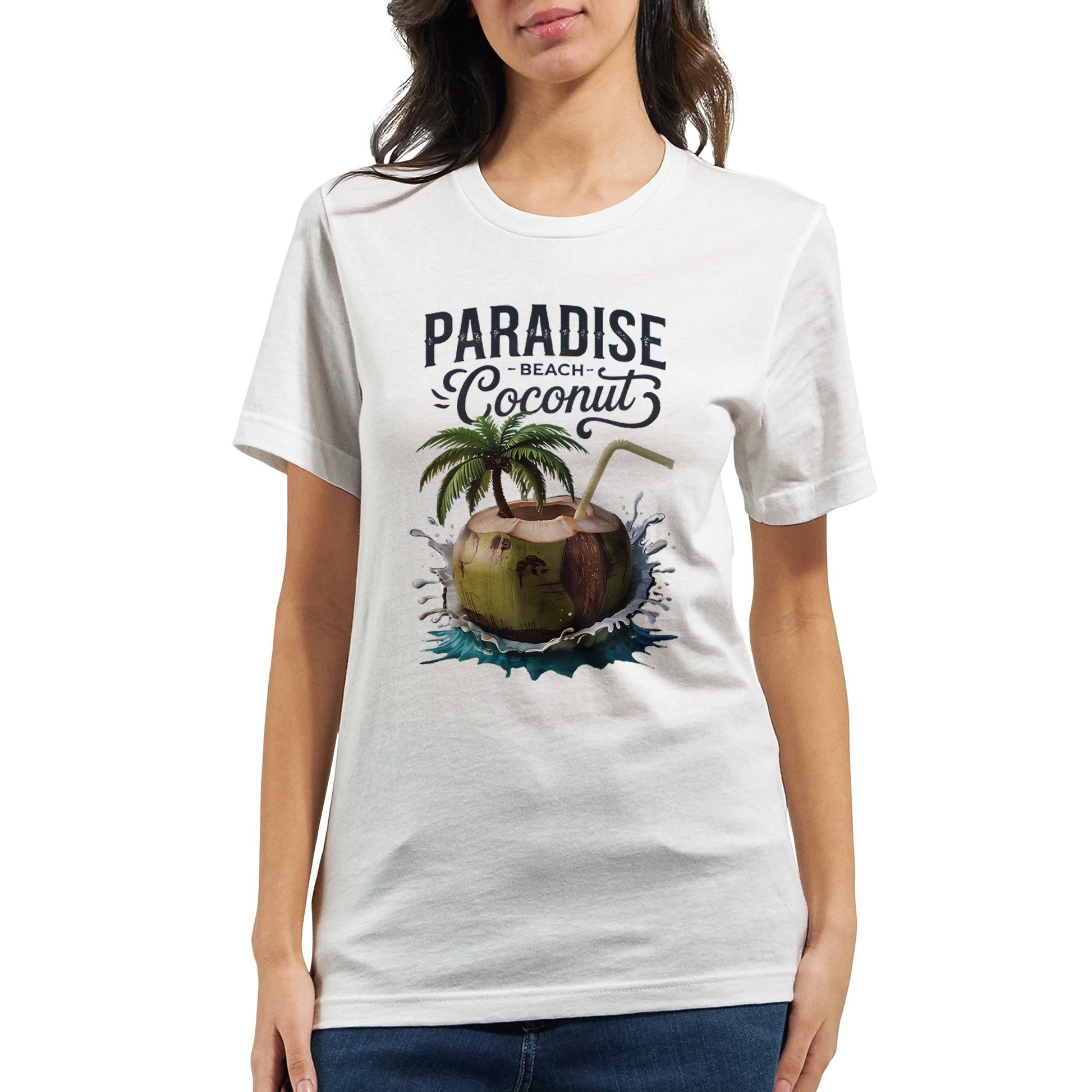 Weißes Sommer T-shirt mit Kokosnuss-Strand-Print, atmungsaktiv und bequem, unisex Passform.