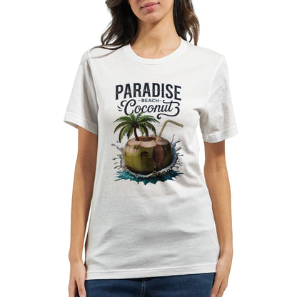Weißes Sommer T-shirt mit Kokosnuss-Strand-Print, atmungsaktiv und bequem, unisex Passform.