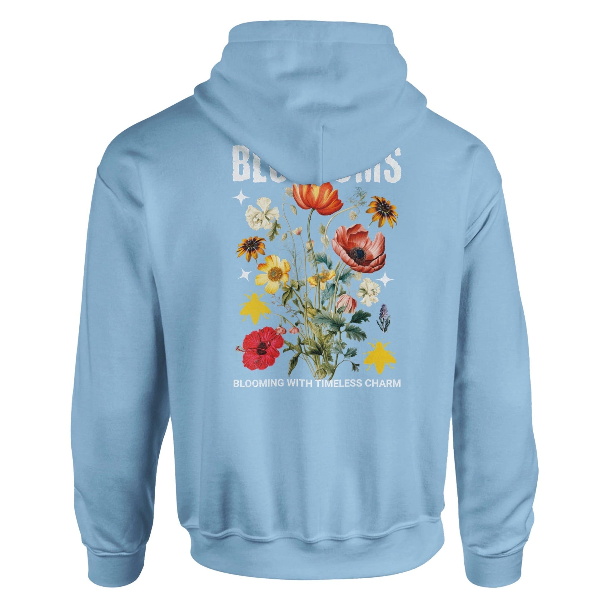Blossom Streatware Unisex pullover hoodie in light blue with floral graphic on back and double-lined hood