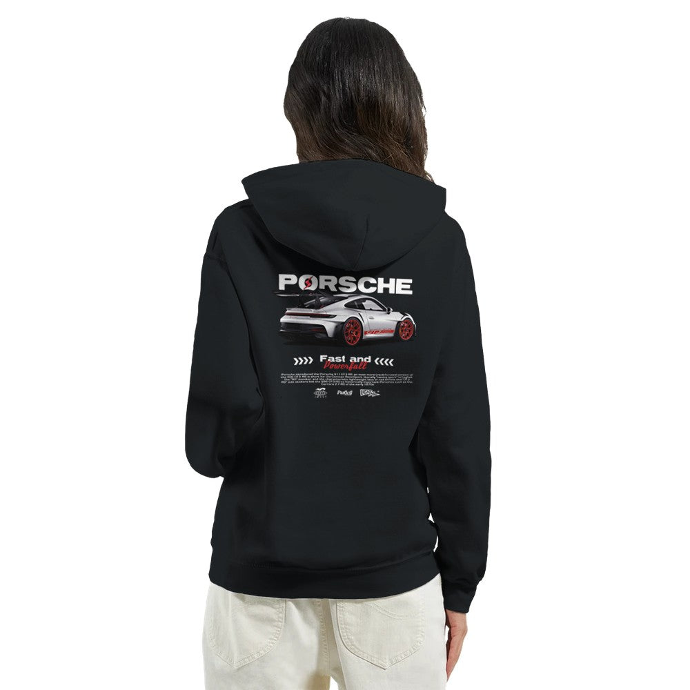 Schwarzer Porsche Hoodie aus schwerem Baumwollmischgewebe mit doppelter Kapuze und Auto-Design auf dem Rücken