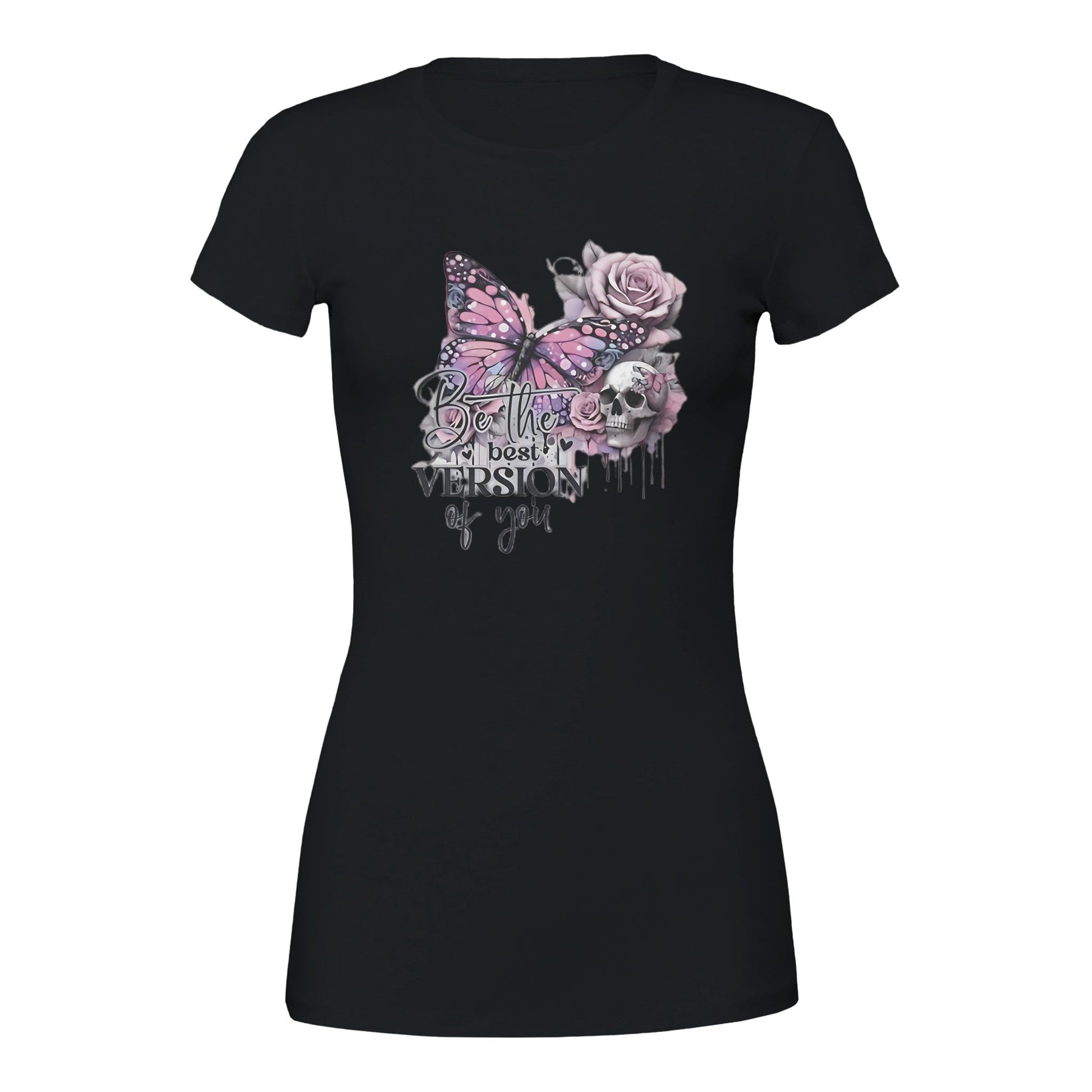 Black premium women's crewneck t-shirt with pink butterfly, roses, and "Be the best version of you" text design
