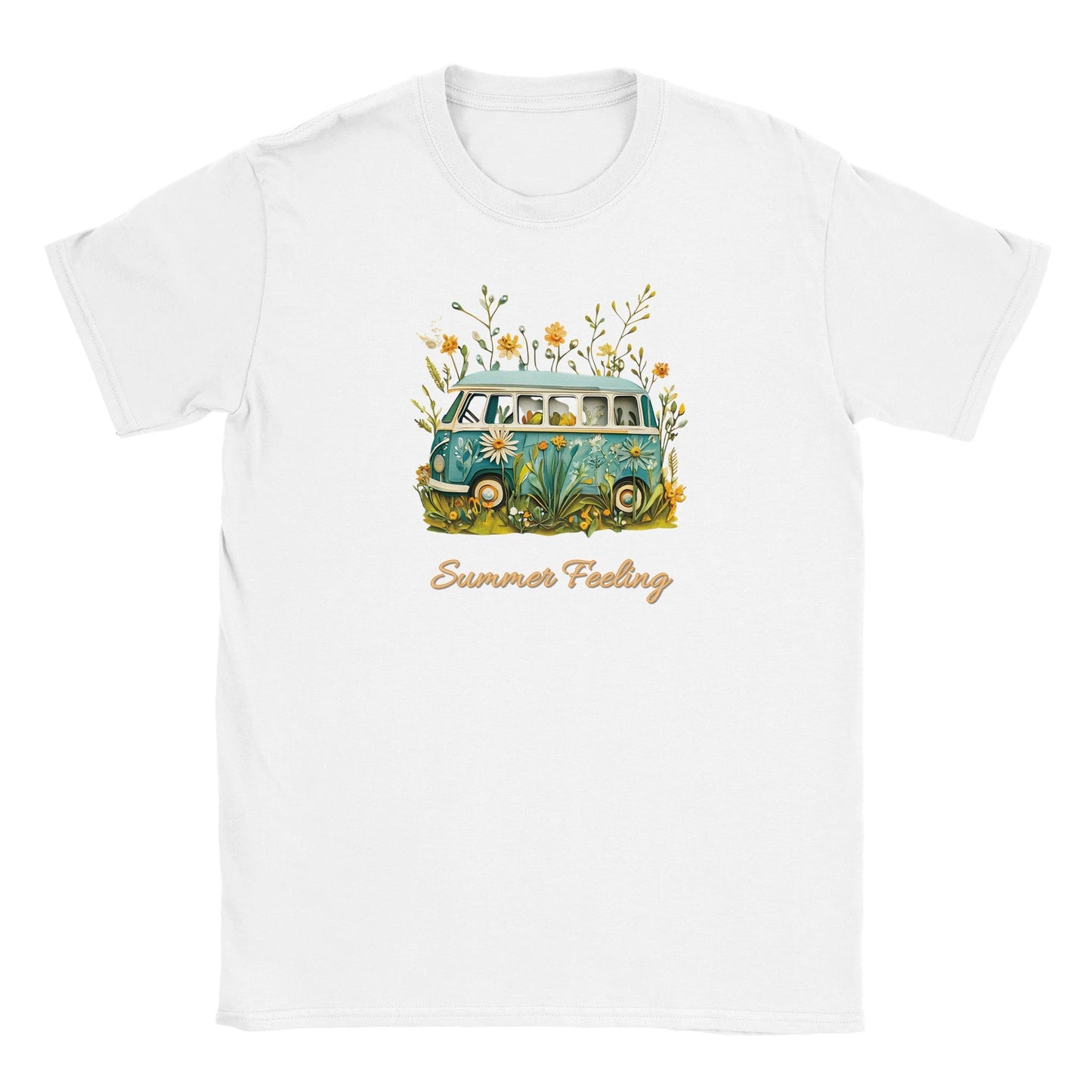 weißes sommer t-shirt mit bully camper und blumenmotiv, weich und bequem für strand und freizeit.