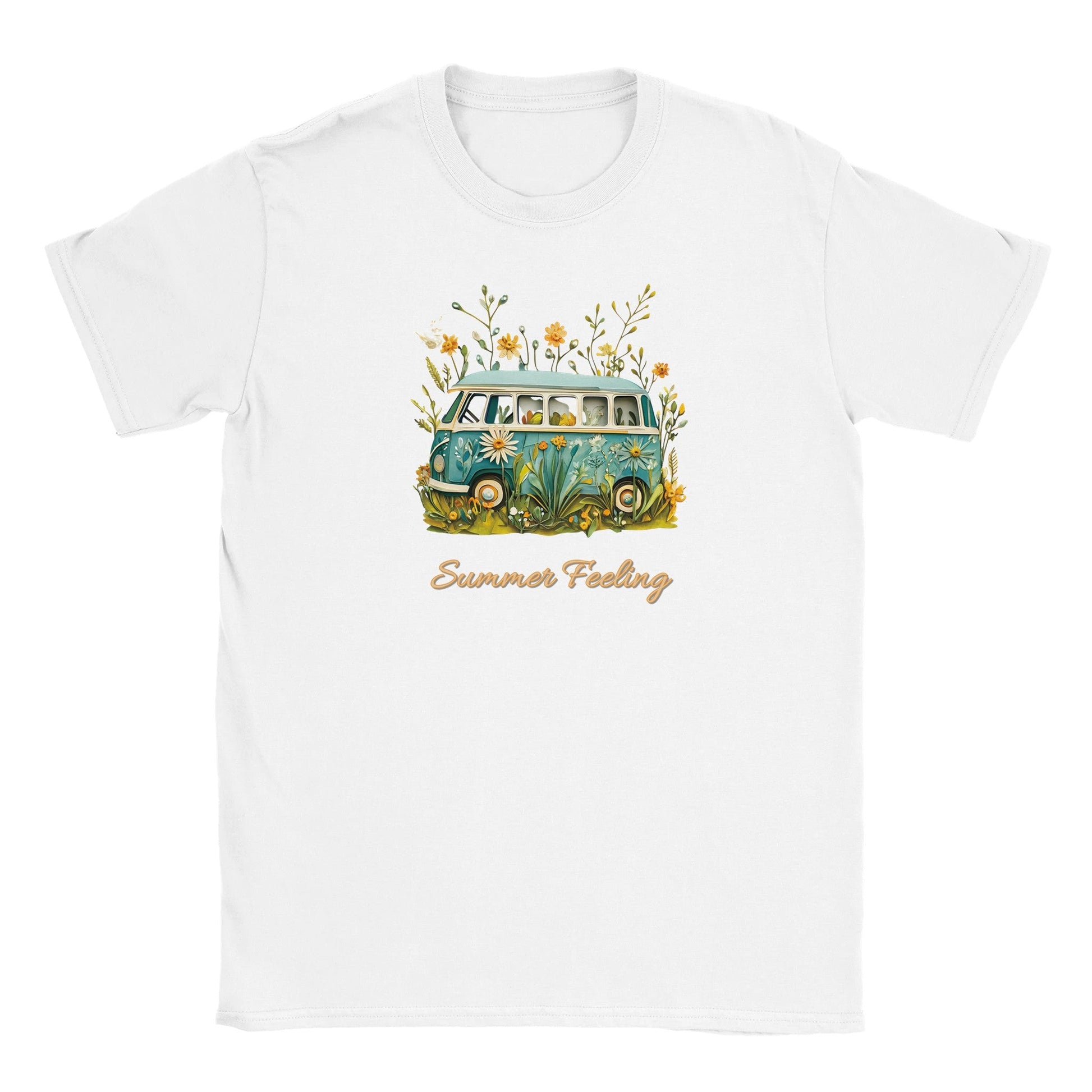 Weißes Sommer T-Shirt mit Bully Camper und Blumenmotiv, weich und bequem für Strand und Freizeit.