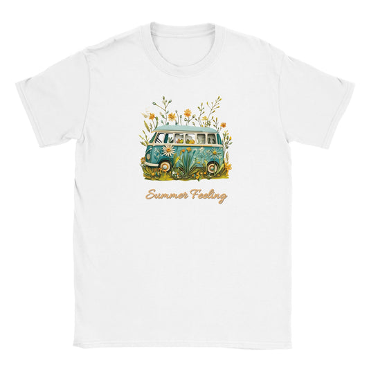 Weißes Sommer T-Shirt mit Bully Camper und Blumenmotiv, weich und bequem für Strand und Freizeit.