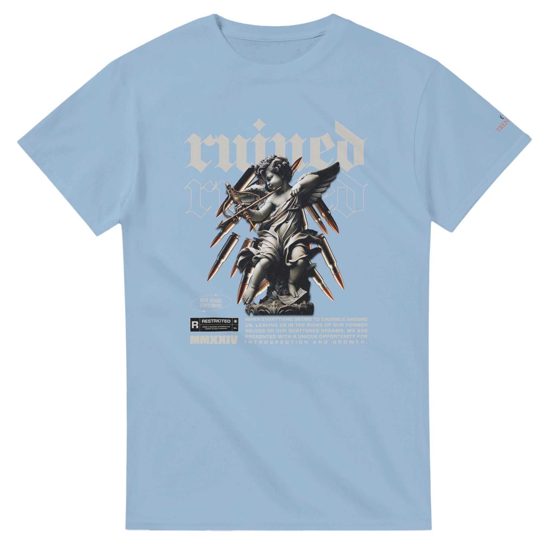 Light blue Ruined Streetwaer Unisex Crewneck T-shirt with angel and bullet graphic, heavyweight cotton, classic fit, durable design.