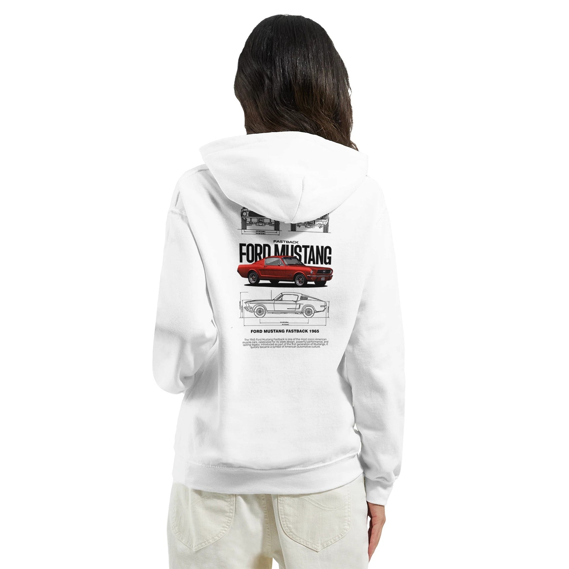 Ford Mustang Fan Hoodie in Weiß mit klassischem Mustang-Design auf der Rückseite für Auto-Enthusiasten