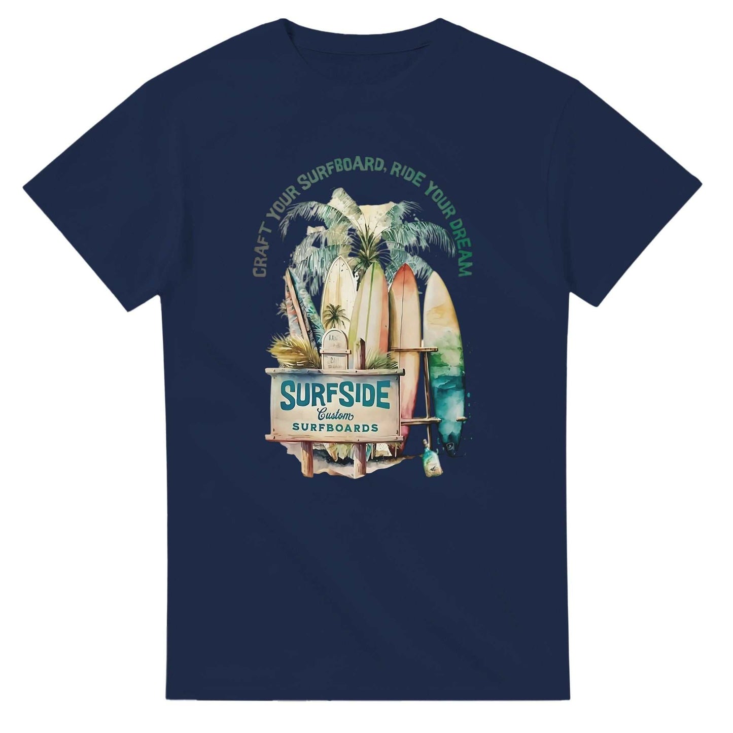 sommer surfside t-shirt in navy with surfboard graphic, heavyweight cotton, relaxed fit, classic summer design