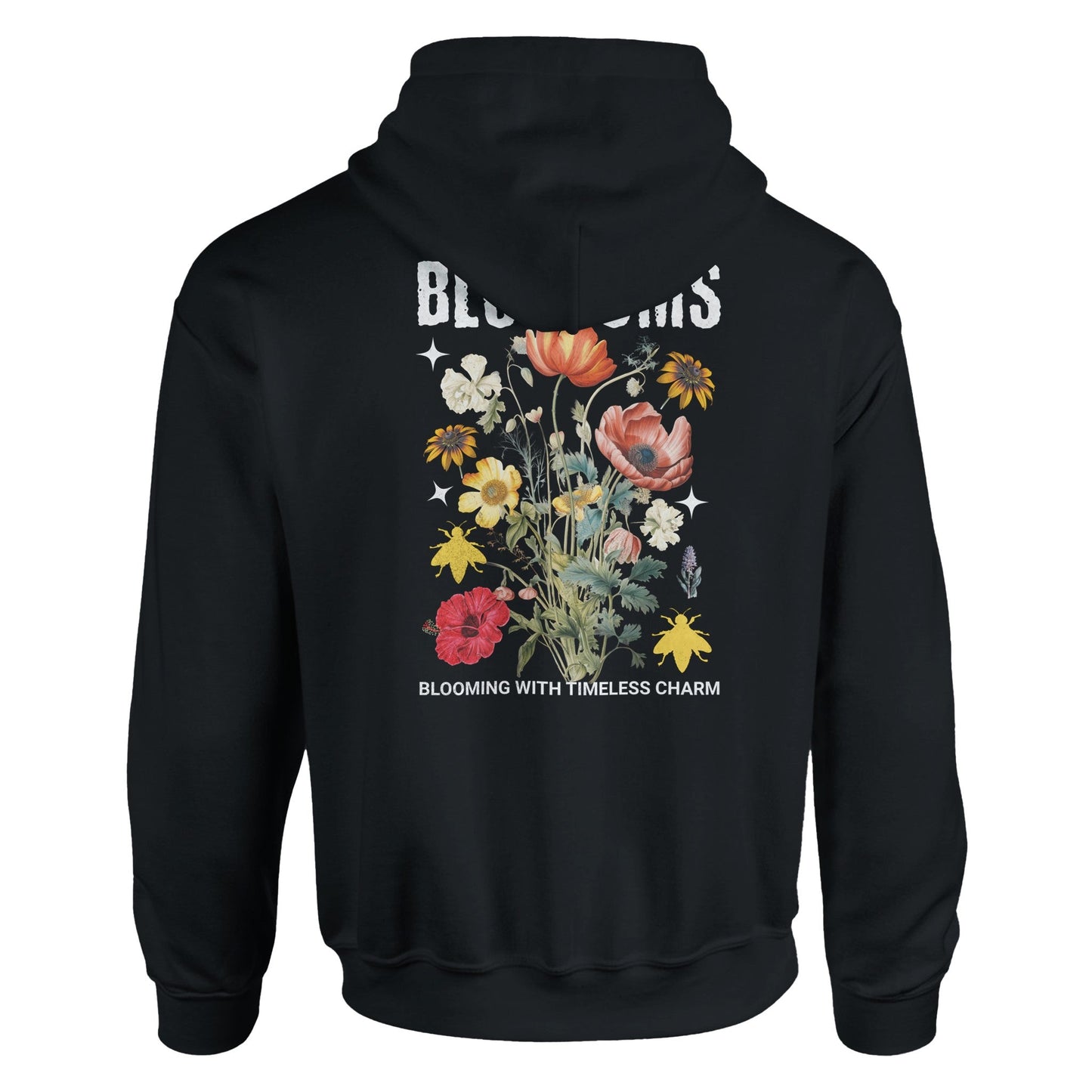 blossom streatware unisex hoodie mit floralem rückendruck, schwerer baumwoll-polyester-mischung und kapuze mit kordelzug