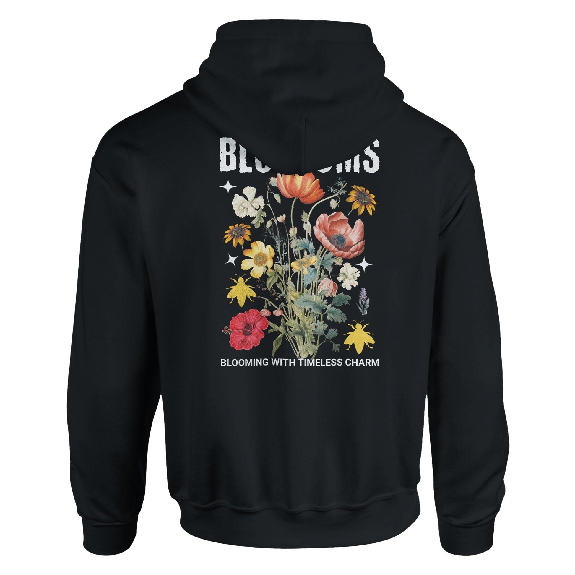 Blossom Streatware unisex black pullover hoodie with floral graphic and double-lined hood