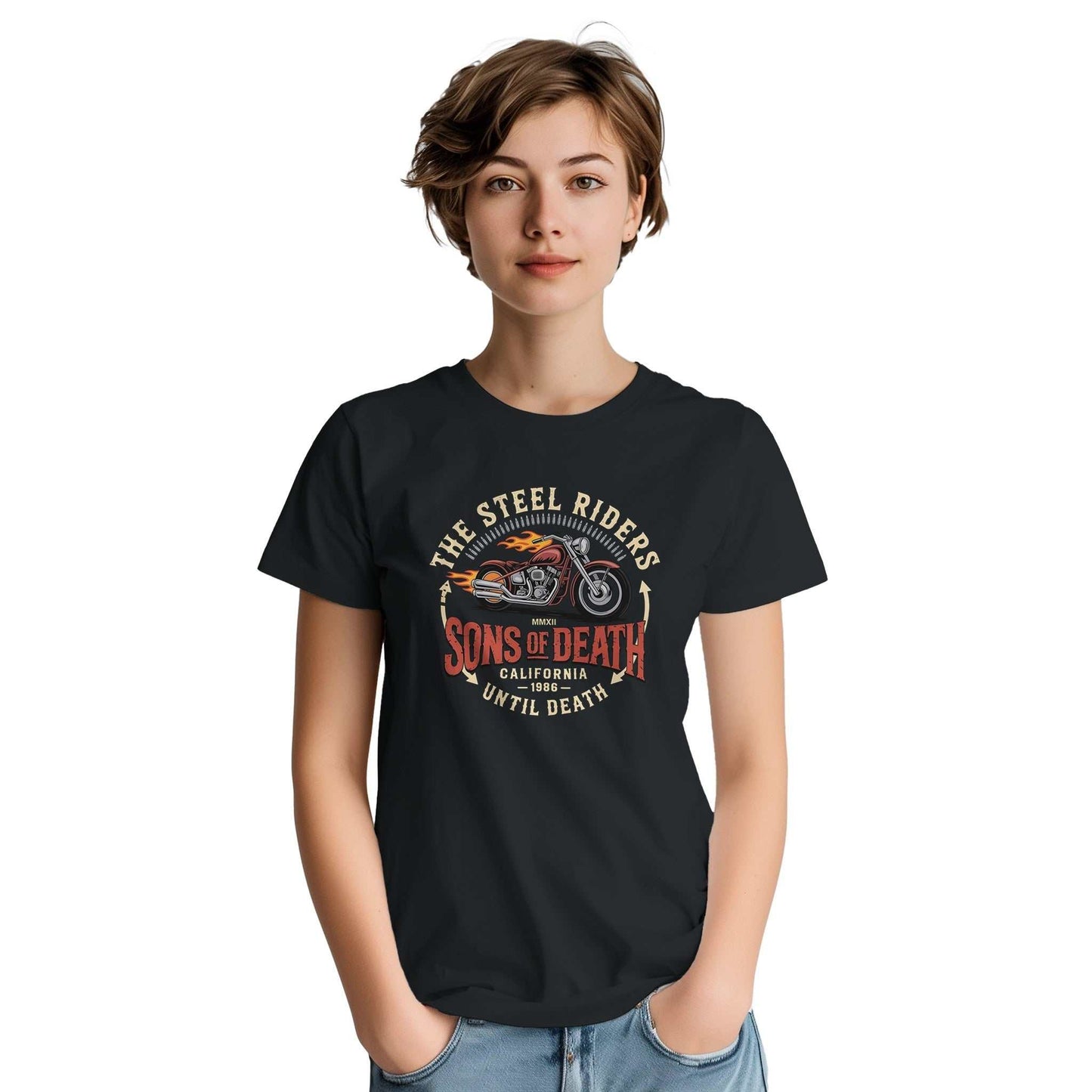 schwarzes biker t-shirt aus schwerer baumwolle mit sons of death motorrad-design