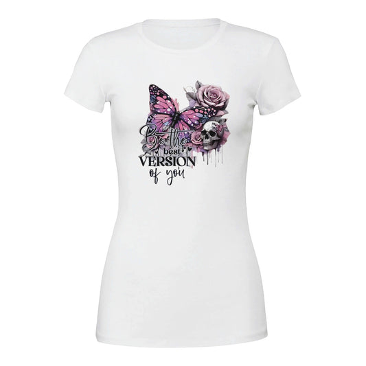Premium Damen-Crewneck-T-Shirt aus weicher Baumwolle mit "Best of You"-Schmetterling- und Rosen-Design, schmeichelhafte Passform, weiß
