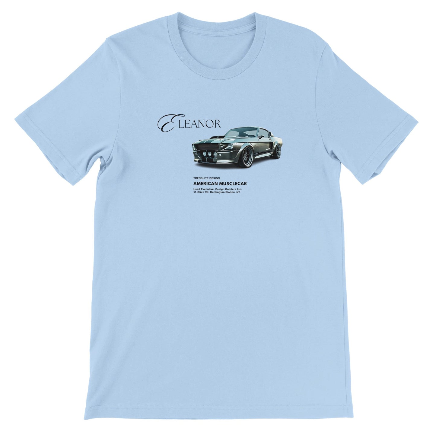 hellblaues eleanor lieblings t-shirt aus 100% baumwolle mit amerikanischem musclecar-motiv, unisex-sommer-shirt