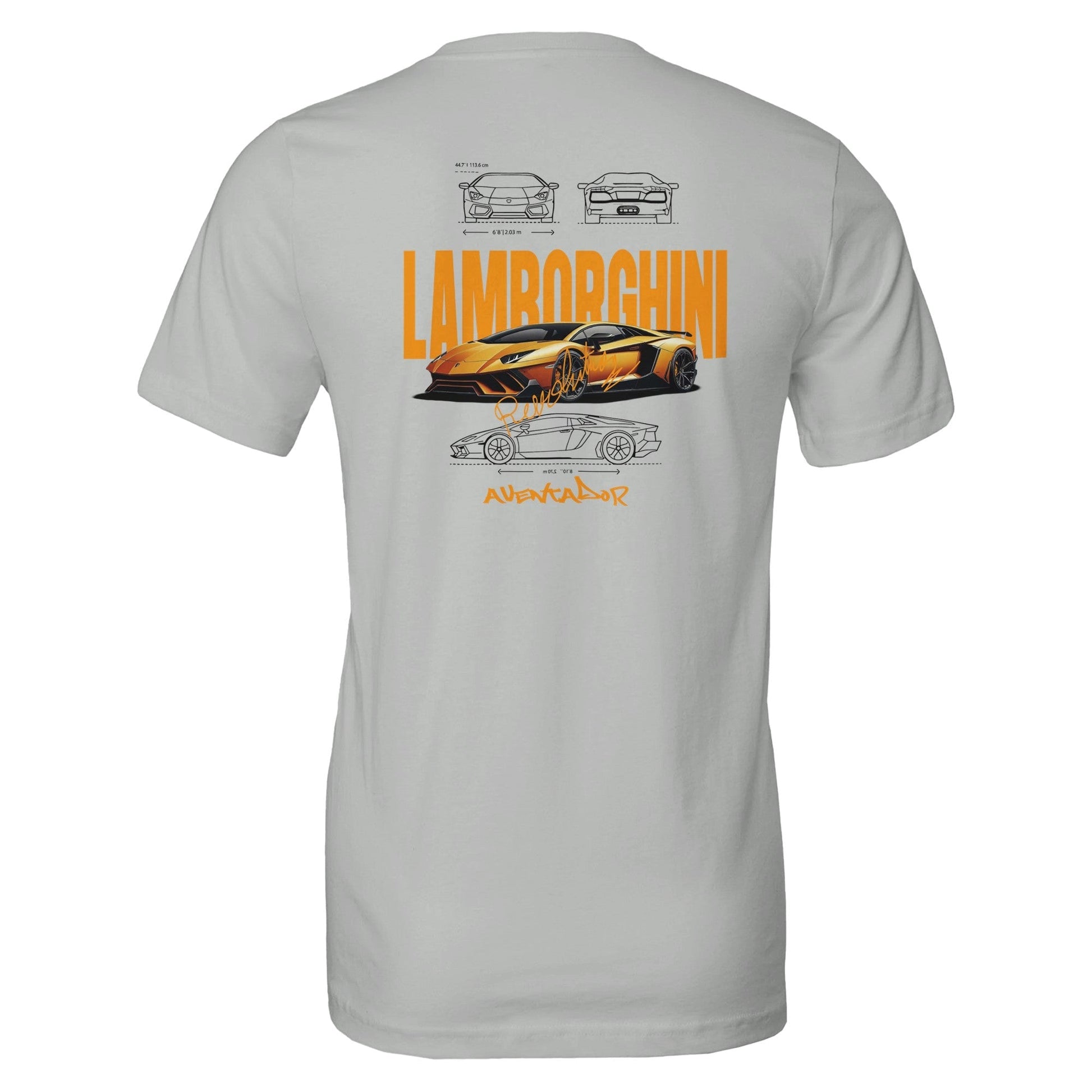 Lamborghini Design T-Shirt mit orangem Aventador Auto Motiv für Herren und Damen auf grauem Stoff