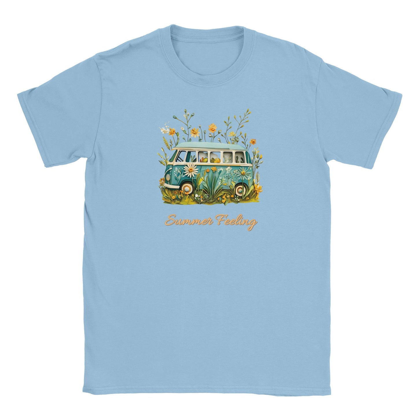 blaues sommer t-shirt mit bully camper und sommermotiv für strand und freizeit
