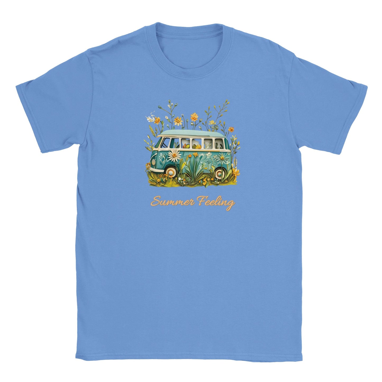 blaues sommer t-shirt mit bully camper und blumen im strand-design, weicher stoff, bequeme passform