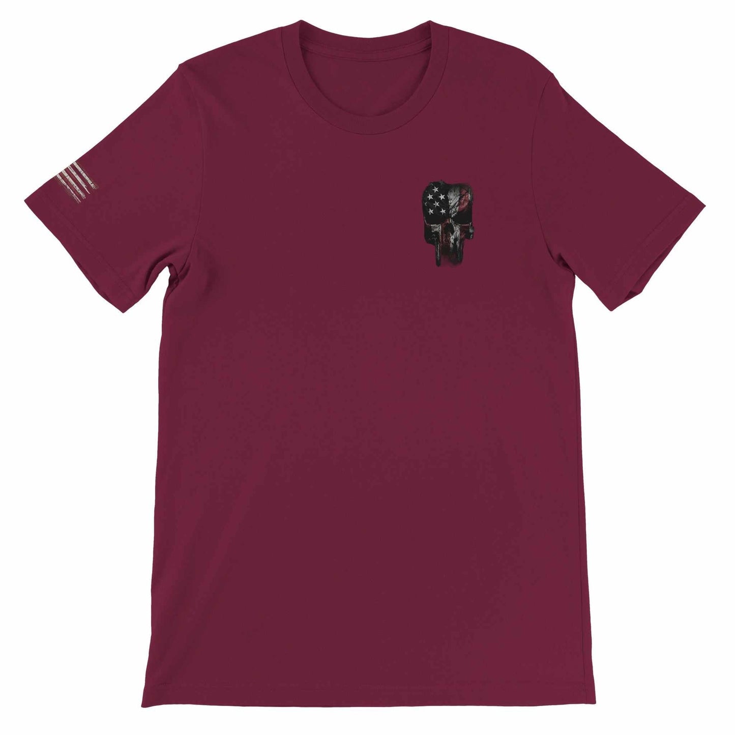 grunt style american feeling unisex t-shirt with american flag skull design in maroon color, soft cotton fabric, and unisex fit perfect for dtg printing.
