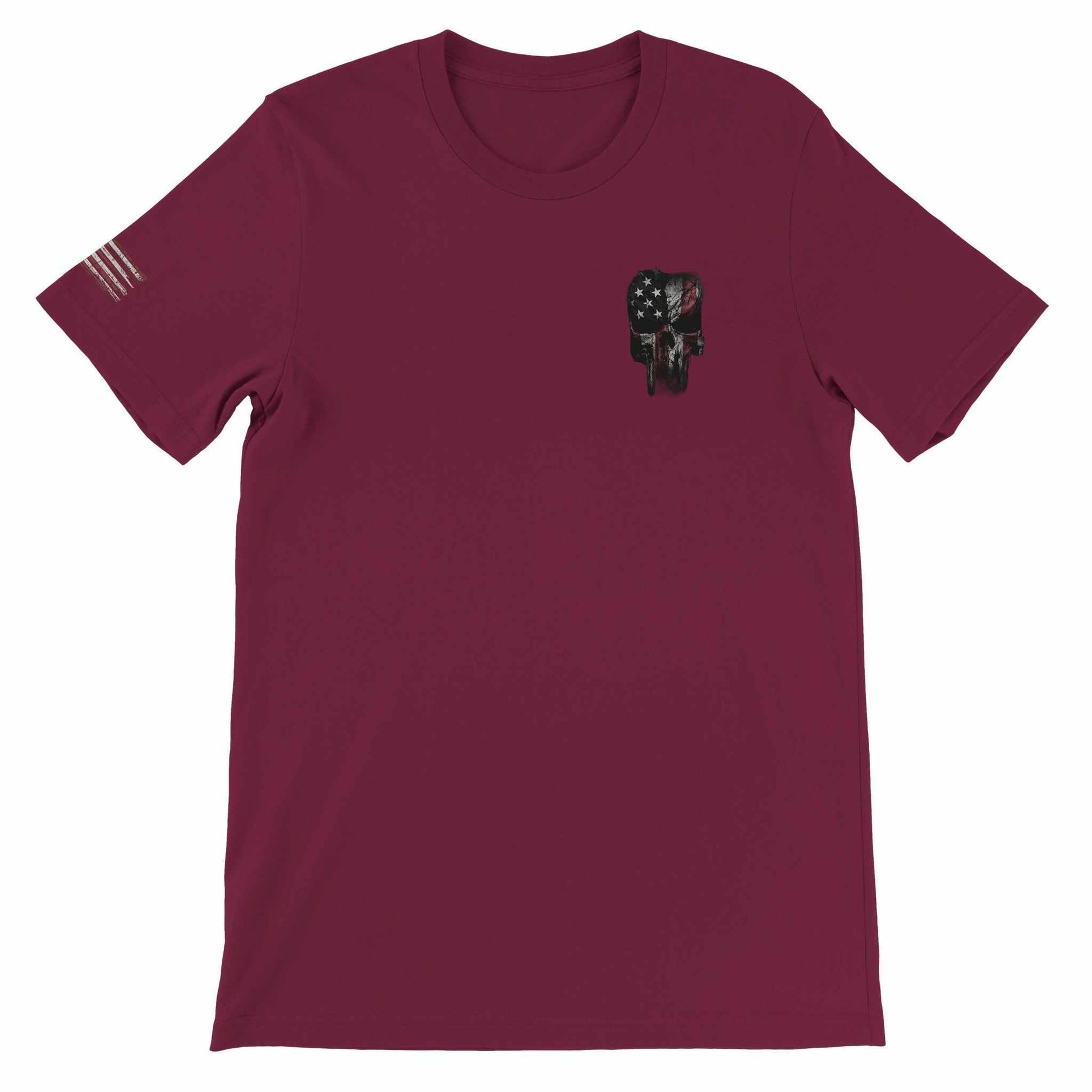 Grunt Style American Feeling Unisex T-Shirt with American flag skull design in maroon color, soft cotton fabric, and unisex fit perfect for DTG printing.