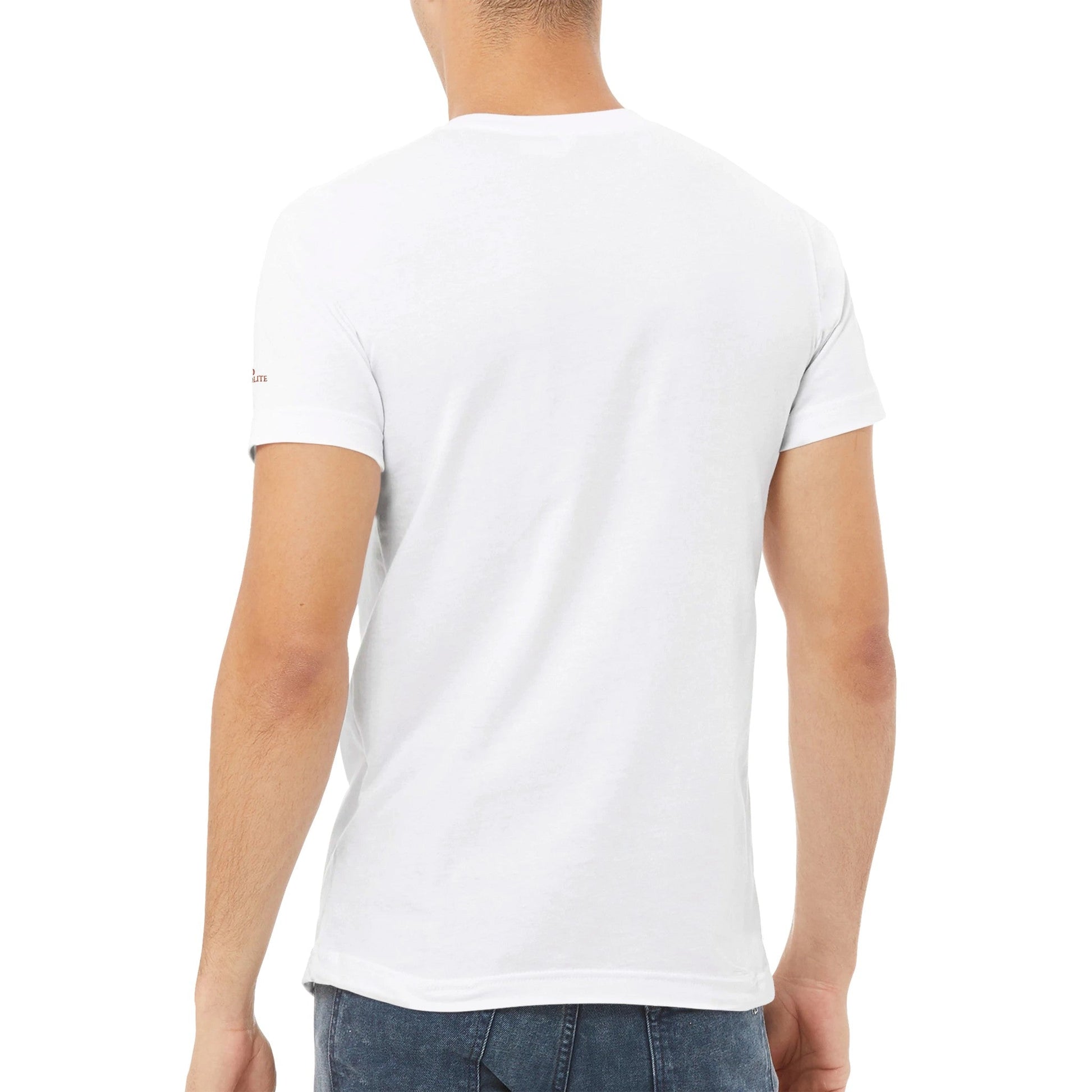 Premium Stickerei T-Shirt Lira Design unisex weiß, klassischer V-Ausschnitt, weiche Baumwolle, Rückansicht