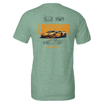 Lamborghini Design T-Shirt für Herren und Damen mit stylischem Auto-Print in Orange auf grünem Stoff, Premium Qualität und unisex Passform