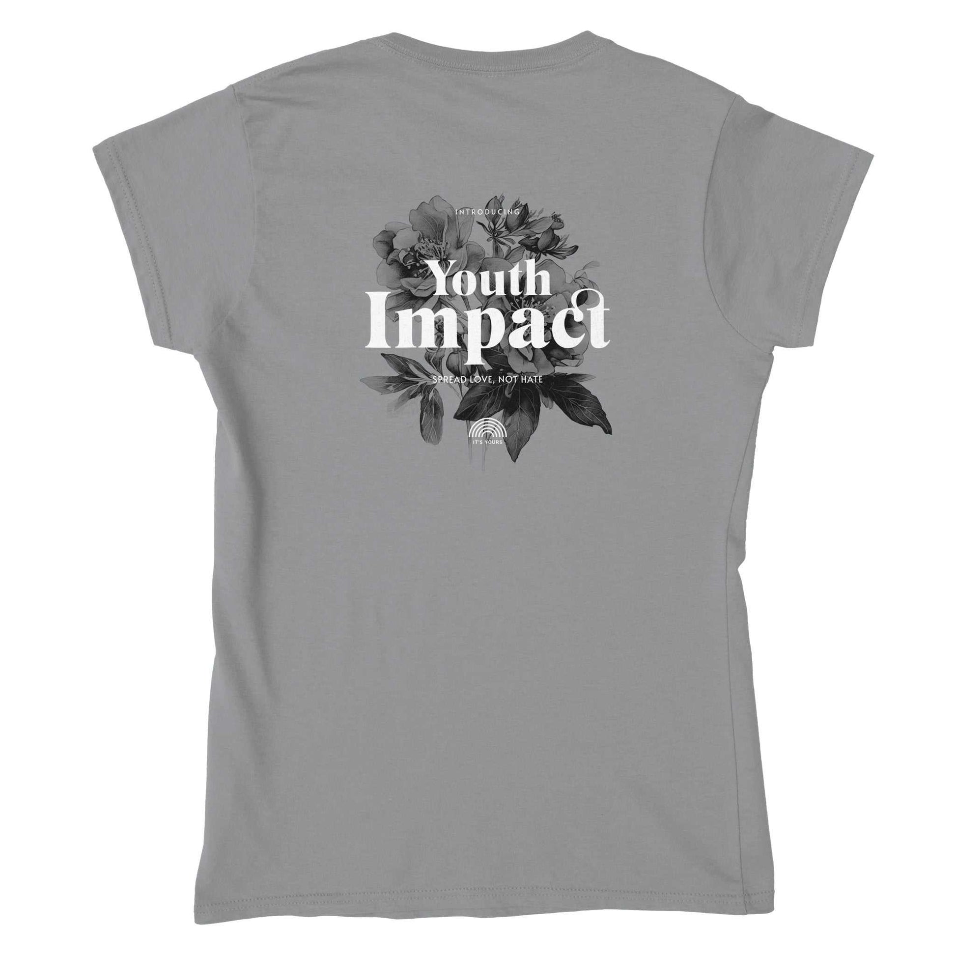 graues Gildan® 64000L Damen T-Shirt mit floralem Jugend Impact Druck auf der Rückseite, semi-fitted Streetwear Crewneck design