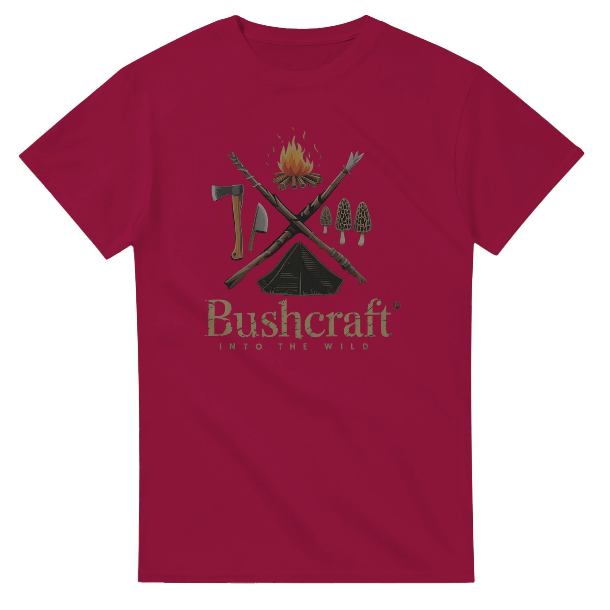 Bushcraft T-Shirt in Rot mit Natur- und Abenteuer-Motiv, 100% Baumwolle, klassische Passform, langlebig und komfortabel