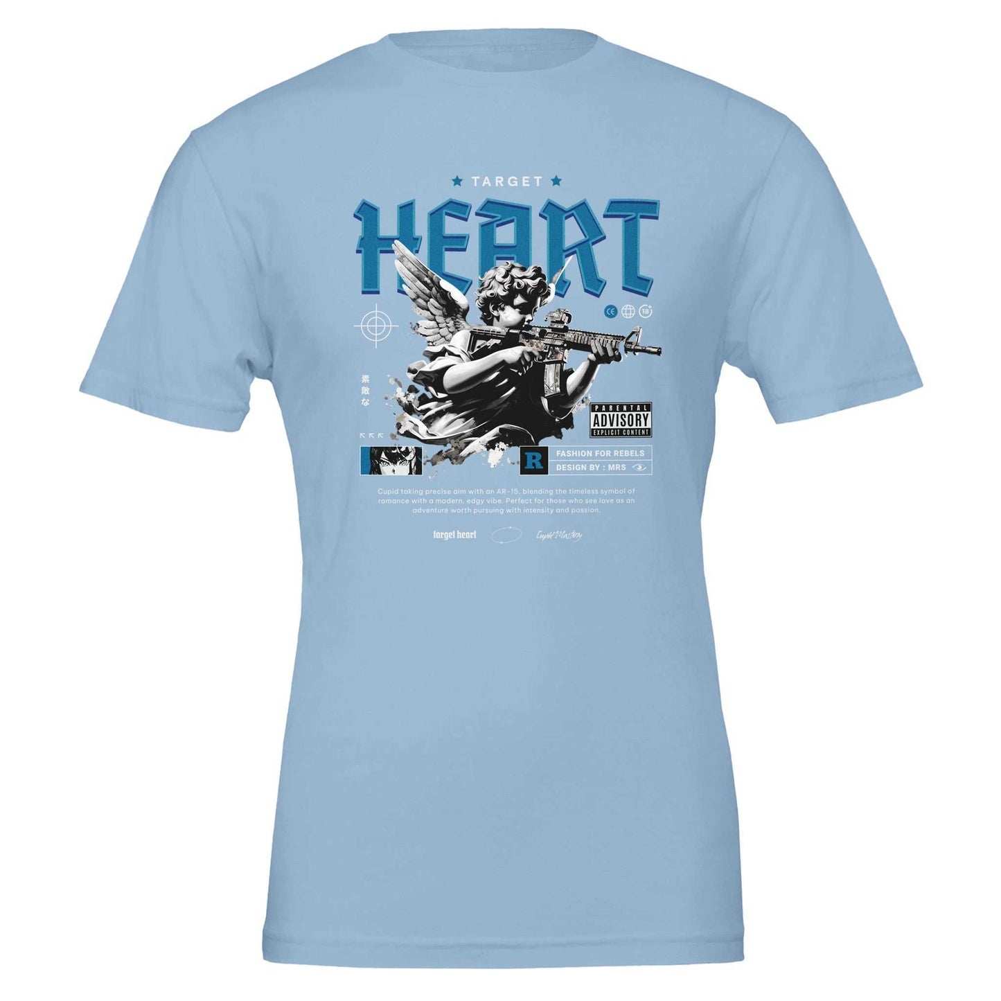 light blue heart unisex crewneck t-shirt with graphic print of an angel holding a rifle and stylized text design