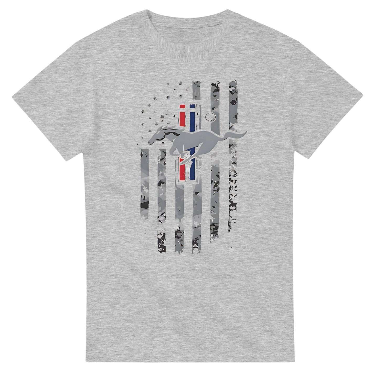 graues horse american t-shirt mit pferde- und flaggenmotiv, unisex, aus langlebiger baumwolle, klassischer schnitt.