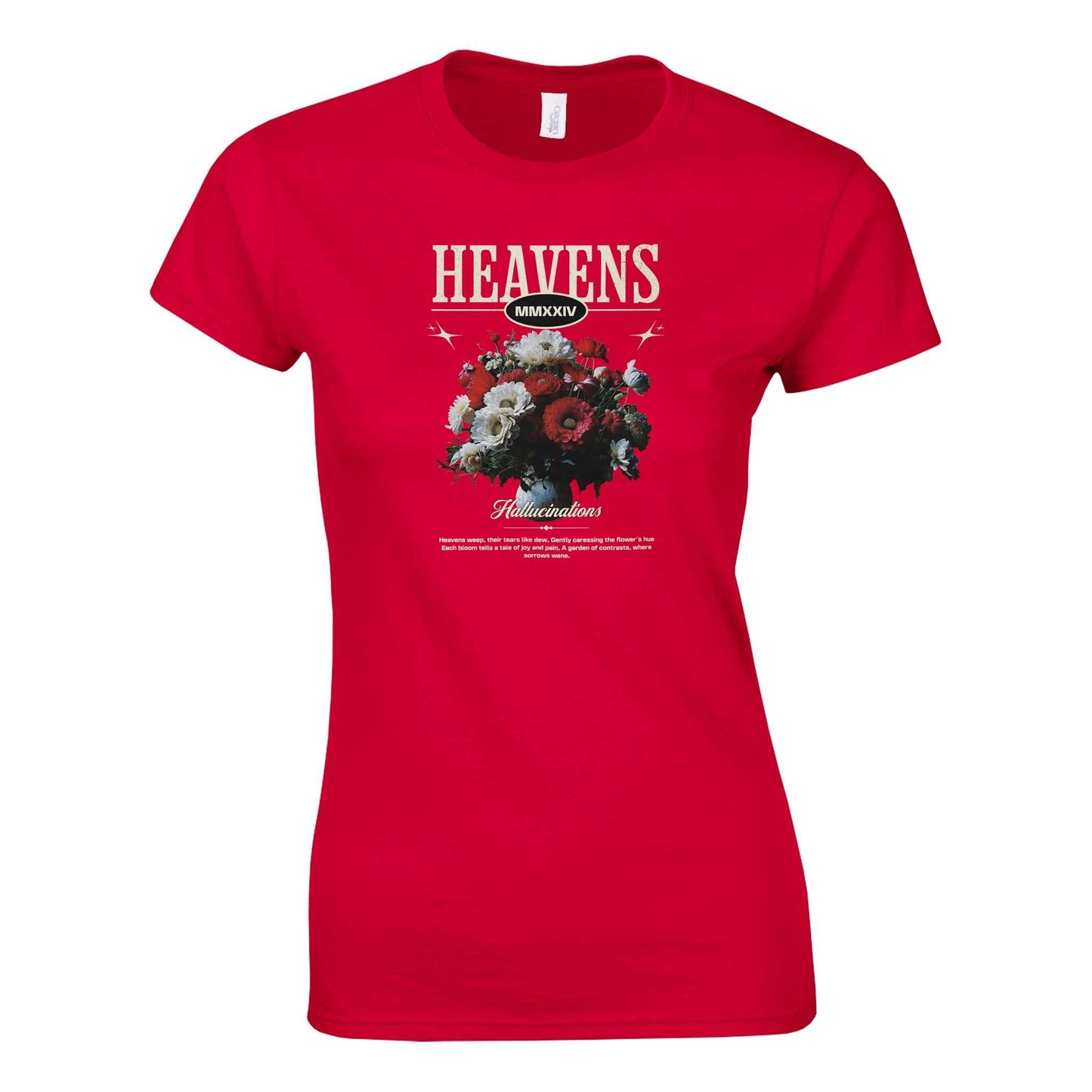 rotes gildan® 64000l damen t-shirt mit "heavens" blumen-print, weicher 100% baumwollstoff, semi-fitted für angenehmen sitz.