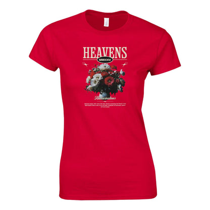 Rotes Gildan® 64000L Damen T-Shirt mit "Heavens" Blumen-Print, weicher 100% Baumwollstoff, semi-fitted für angenehmen Sitz.