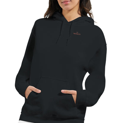 Black unisex hoodie with front pouch pocket and double-lined hood displaying small "Trendlite" logo.