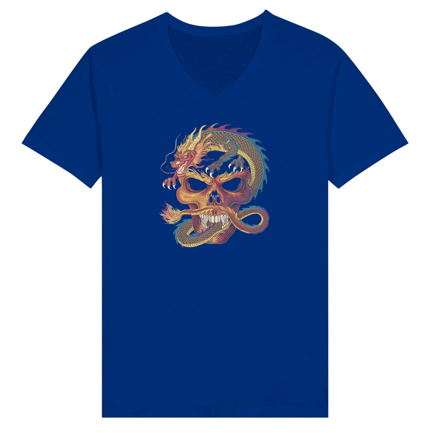 blaues unisex streetwear t-shirt mit v-ausschnitt und auffälligem drachendesign aus hochwertiger baumwolle, slim fit