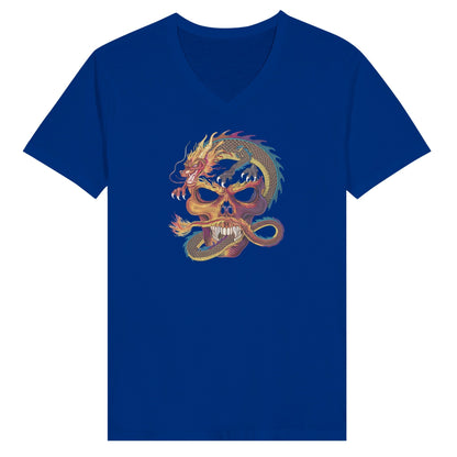 Blaues Streetwear T-Shirt mit V-Ausschnitt und farbigem Drachendesign, Unisex Slim Fit aus hochwertiger Baumwolle