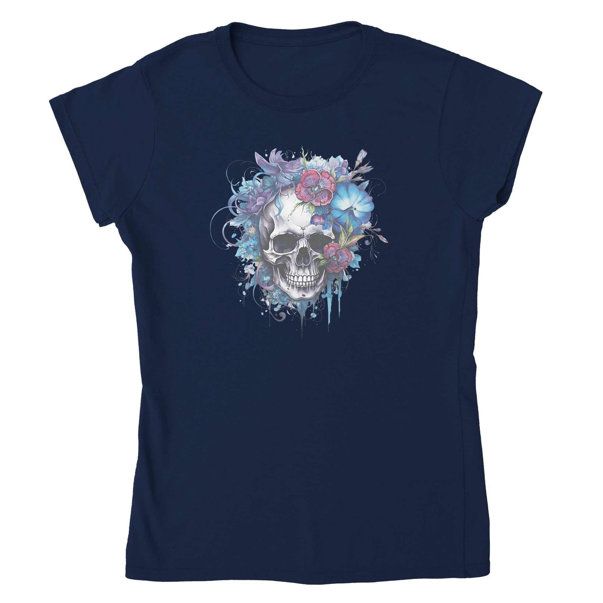 Skull Flower Women navy blue premium t-shirt with floral skull design, soft ring-spun cotton, tailored fit, durable neckline and shoulders, eco-friendly production.