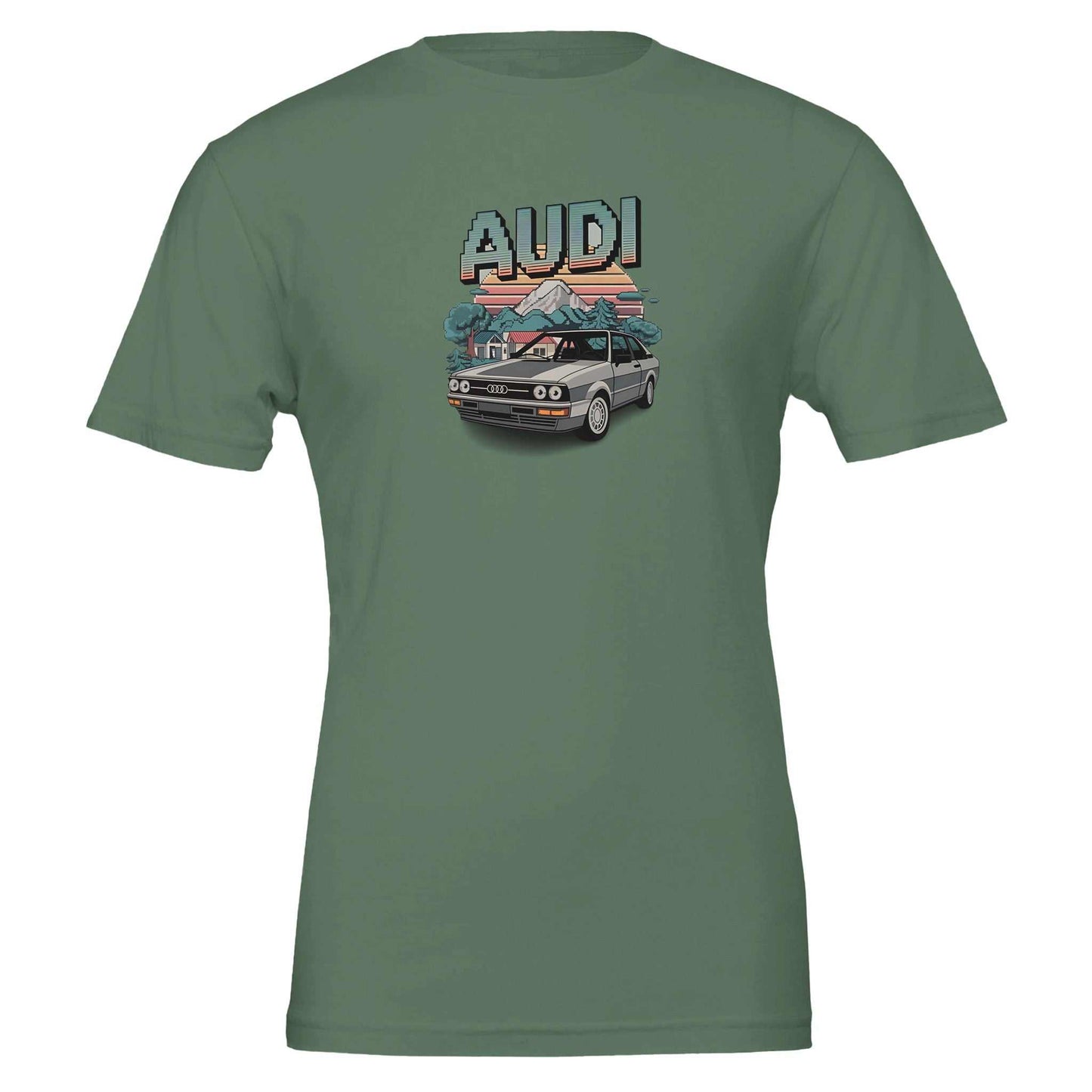 oldschool t-shirt with minecraft style audi car graphic on green premium cotton fabric