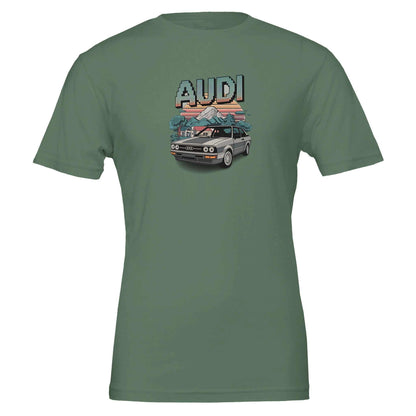 Oldschool T-shirt with Minecraft style Audi car graphic on green premium cotton fabric
