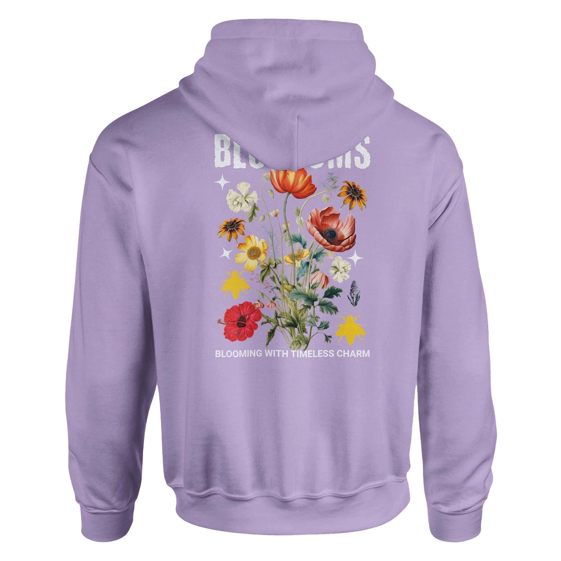 Blossom Streatware unisex pullover hoodie in lilac with floral graphic design on back and double-lined hood