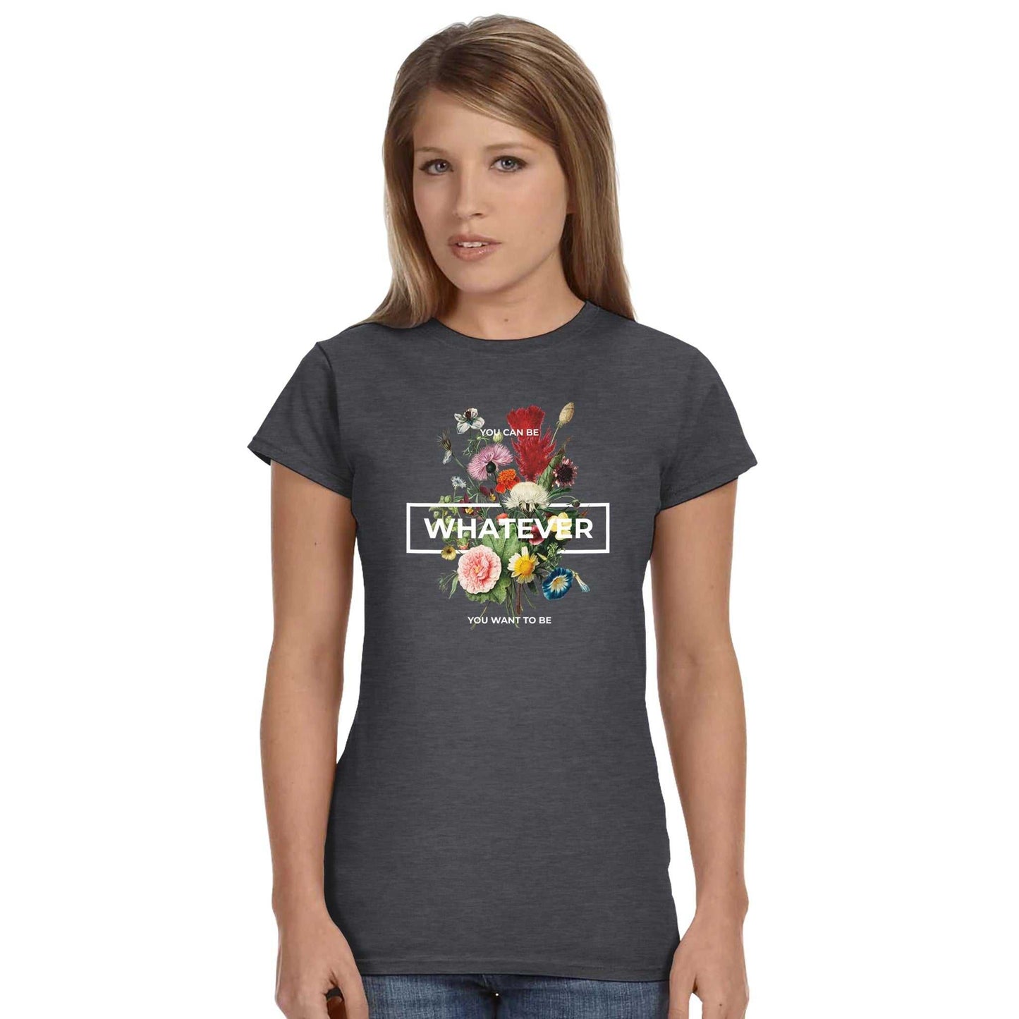 whatever womens crewneck t-shirt with floral design on dark fabric, semi-fitted style for casual streetwear