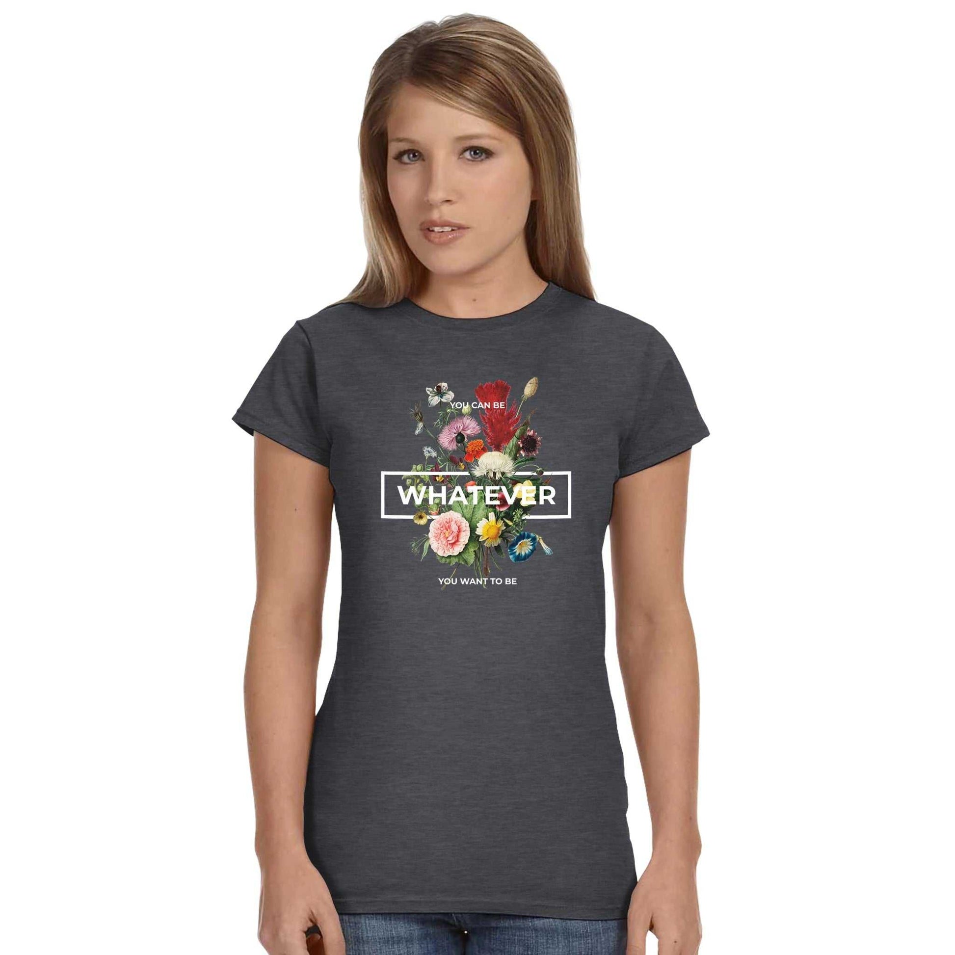 Whatever Womens Crewneck T-shirt with floral design on dark fabric, semi-fitted style for casual streetwear