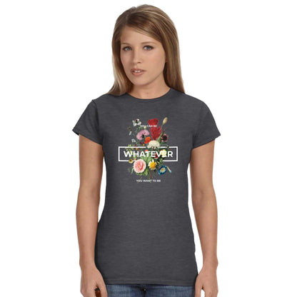 Whatever Womens Crewneck T-shirt with floral design on dark fabric, semi-fitted style for casual streetwear
