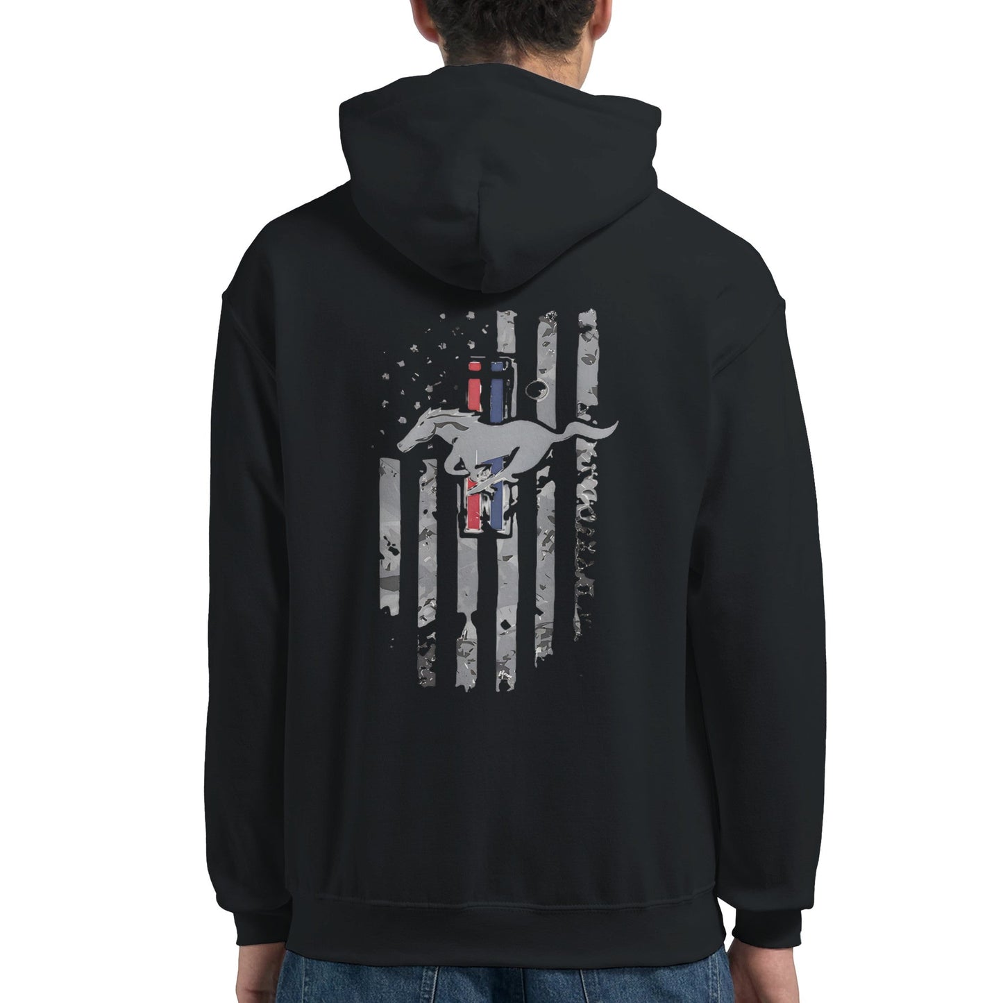 stylish unisex hoodie for car lovers with american flag and horse graphic on back