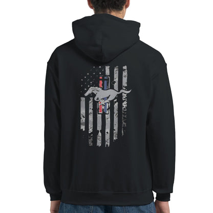 stylish unisex hoodie for car lovers with American flag and horse graphic on back