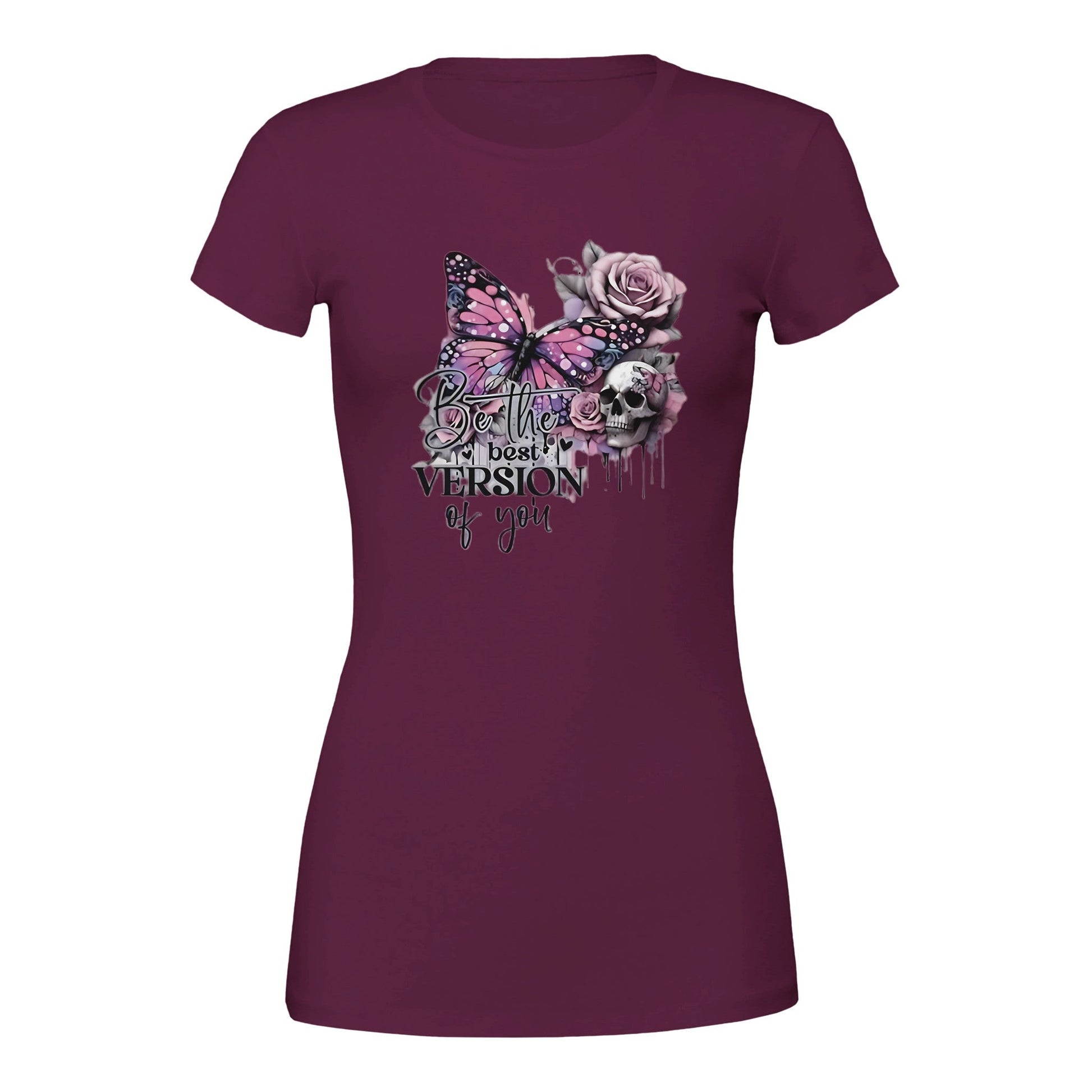 Premium women's crewneck t-shirt in purple with butterfly, rose, skull, and "Be the best version of you" design