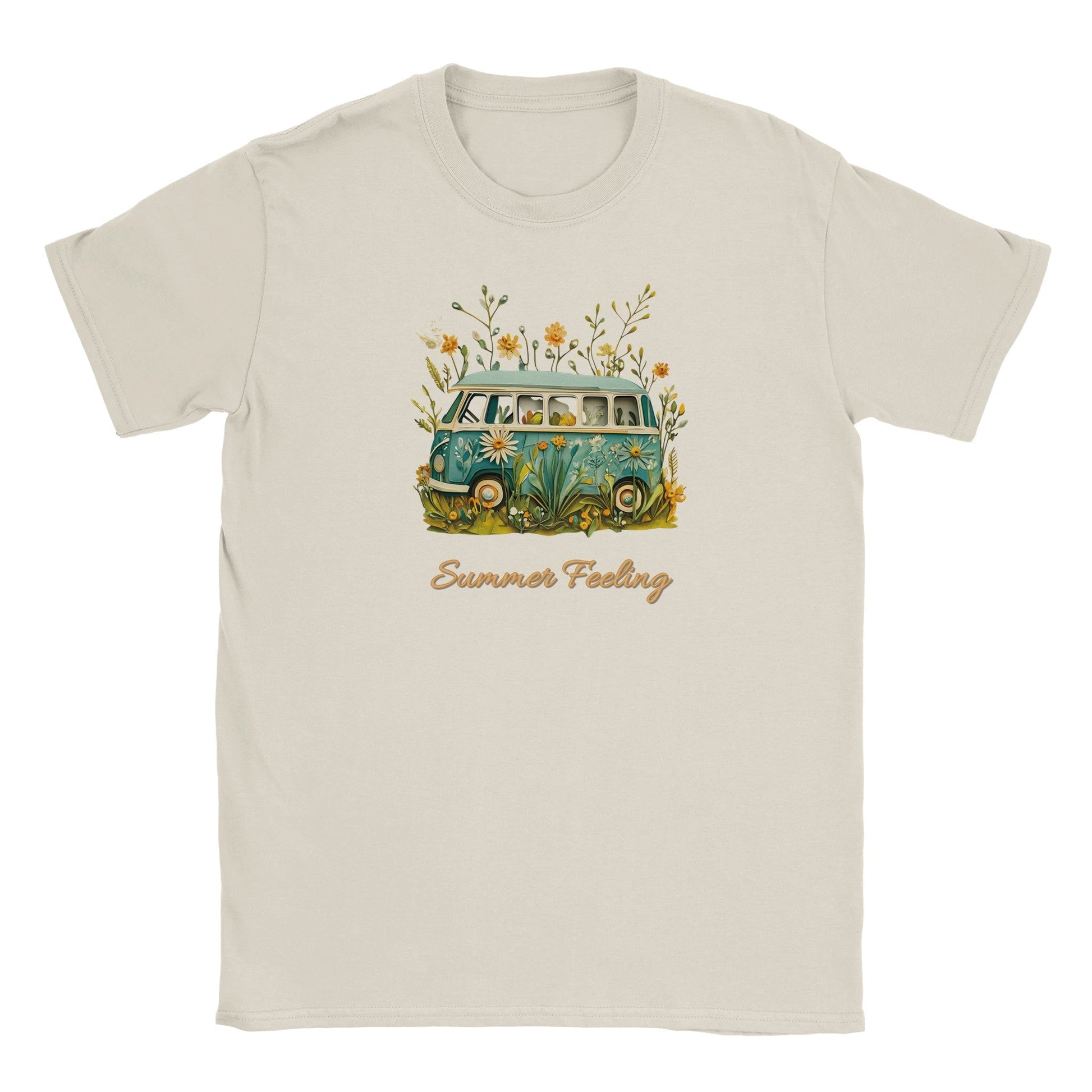 Beiges Sommer T-Shirt mit Bully Camper und Blumenmotiv, weich und bequem für Strand und Freizeit