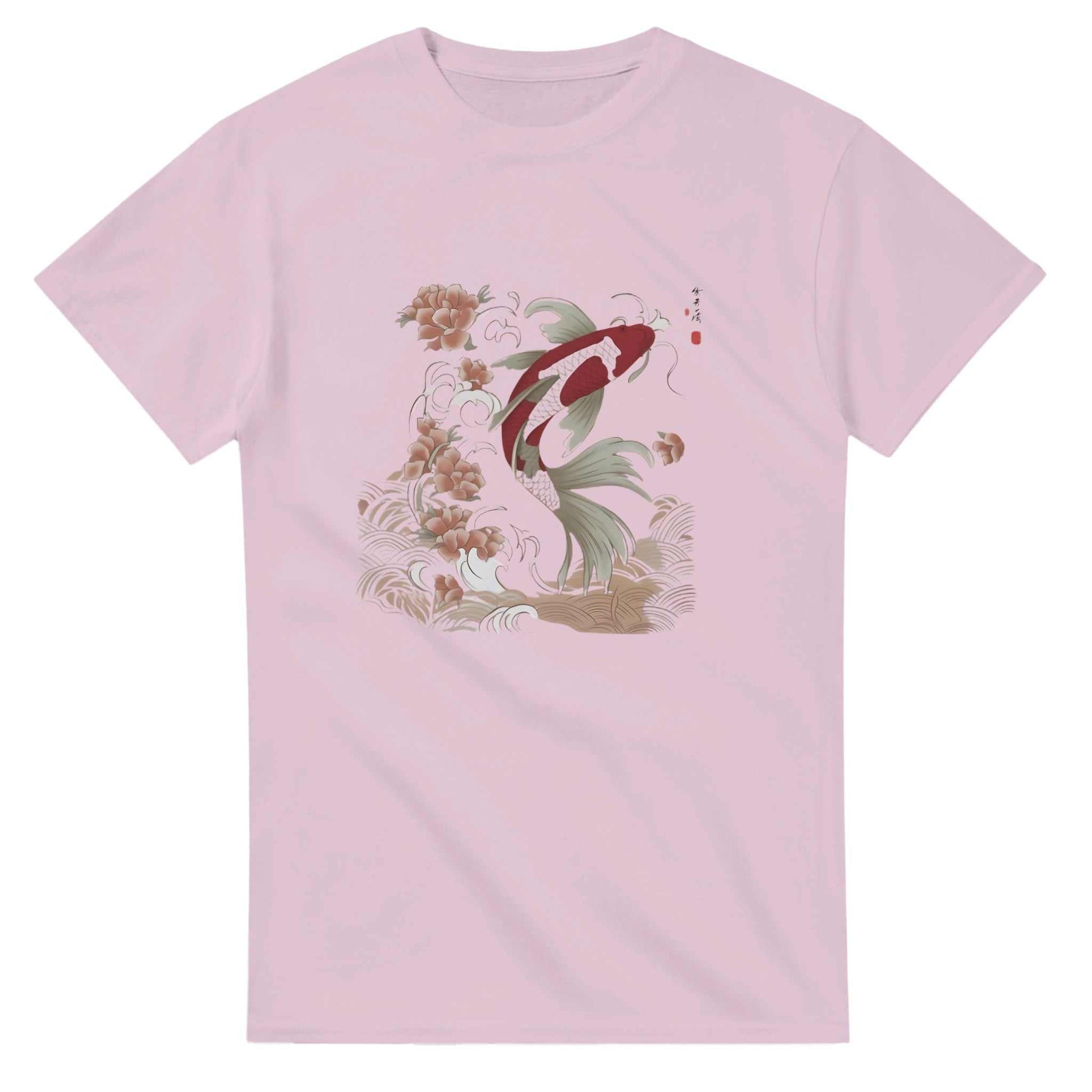 Koi Asian Style unisex crewneck t-shirt with koi fish graphic on lavender heavyweight cotton fabric