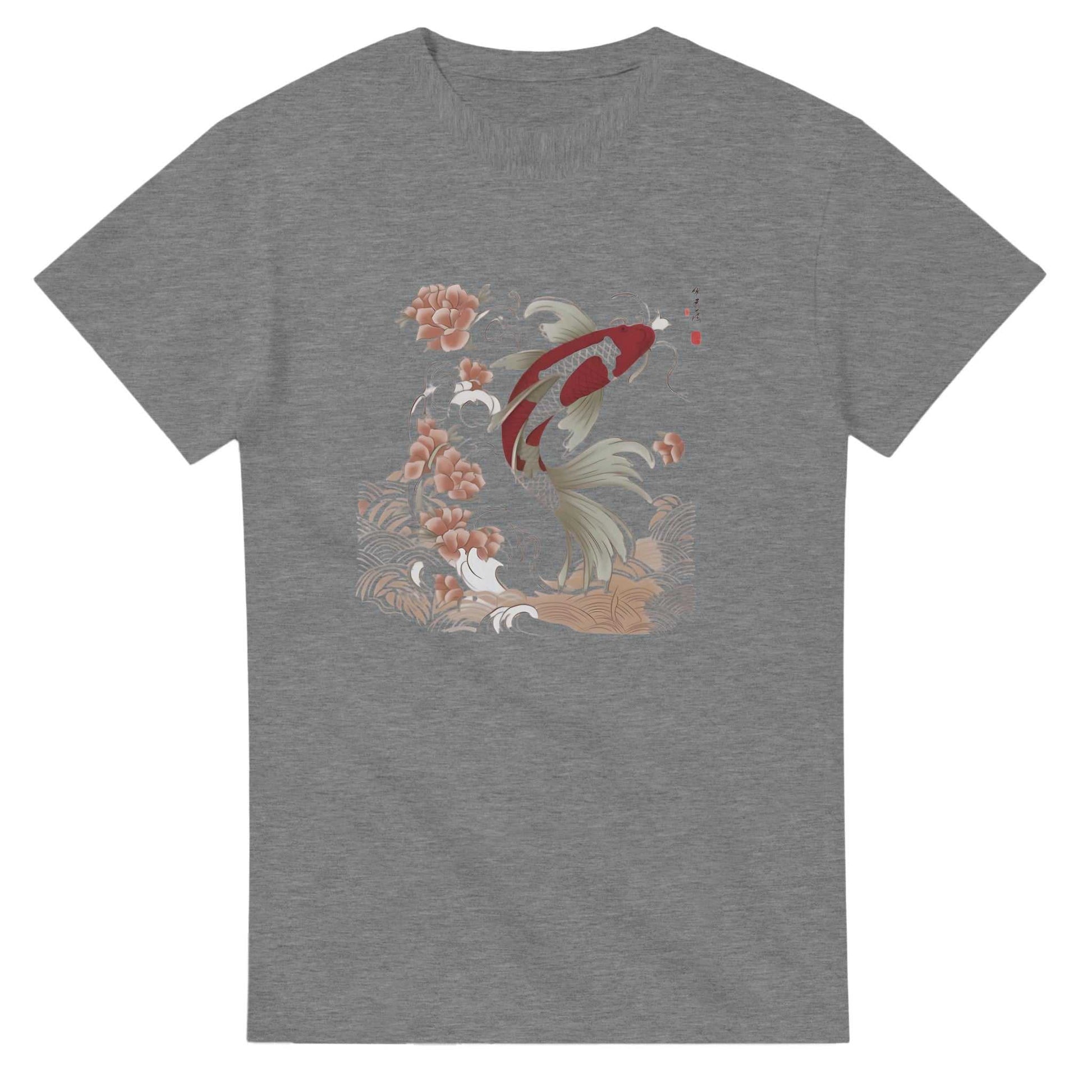 Grey unisex crewneck t-shirt featuring a Koi Asian style fish and floral design