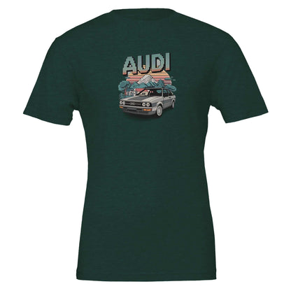 Oldschool T-shirt with pixel art Audi car and mountain design in dark green color