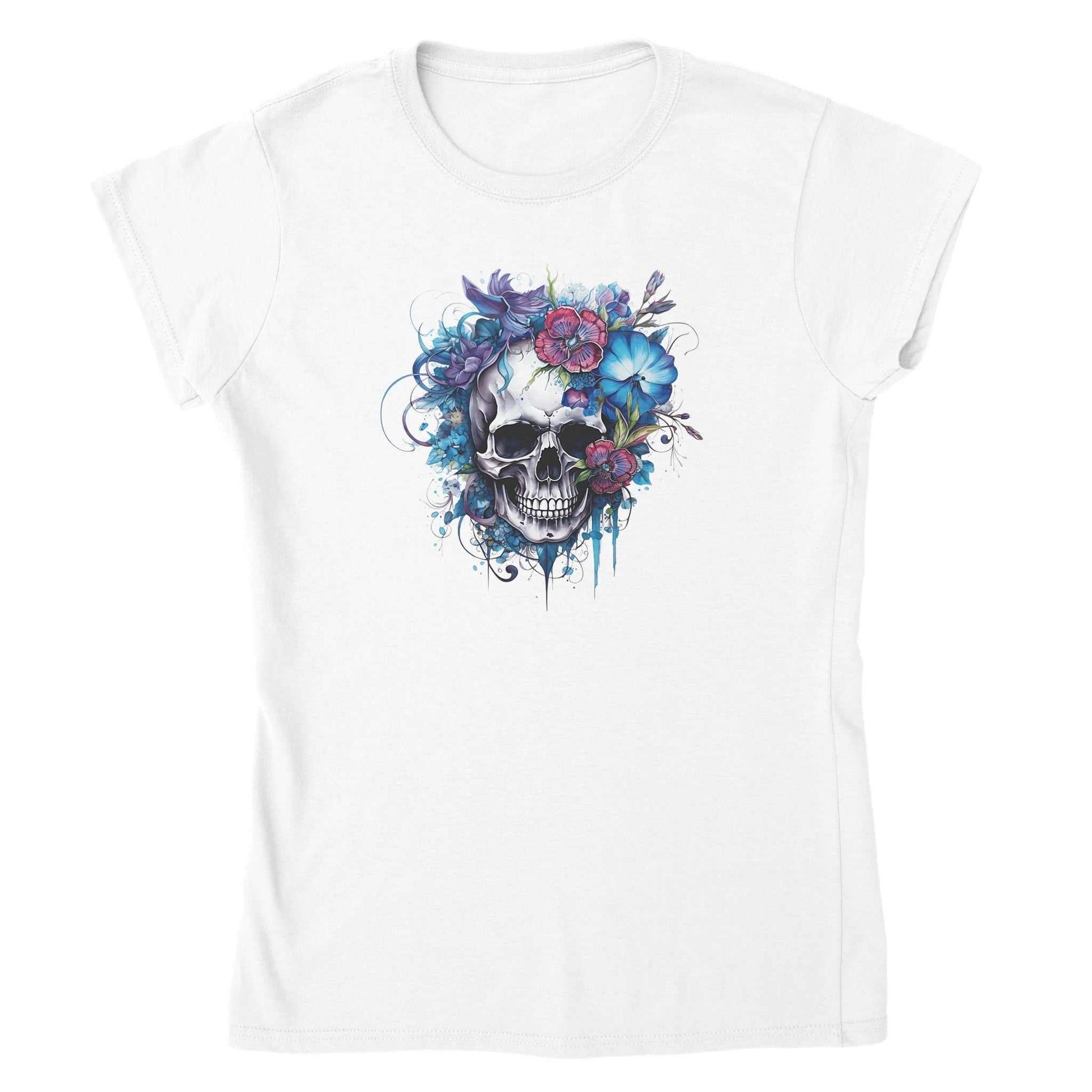 Weißes Damen-T-Shirt mit Skull Flower-Design, aus 100 % ringgesponnener Baumwolle, halbtailliert und bequem.