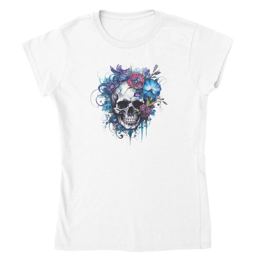 Weißes Damen-T-Shirt mit Skull Flower-Design, aus 100 % ringgesponnener Baumwolle, halbtailliert und bequem.