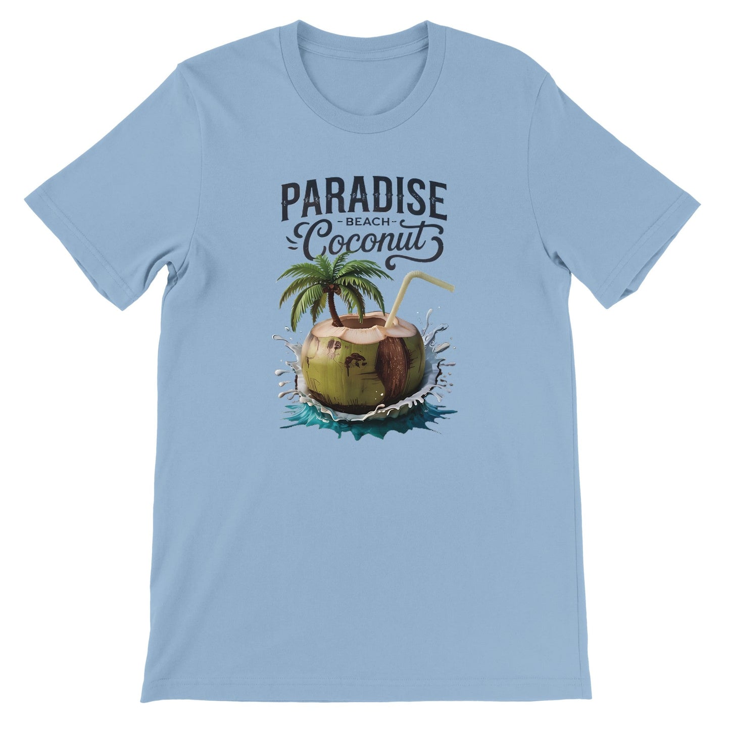leichtes blaues sommer t-shirt mit kokosnuss-strand-print und "paradise beach coconut" schriftzug.